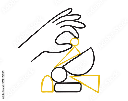 Balance concept. Hands organize abstract shapes in structure or system doodle hand drawn icon. person search harmony. Outline drawing line Data and information analytics clipart symbol