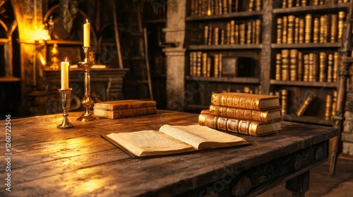 Medieval Study with Wooden Desk Surrounded by Books and Candles
