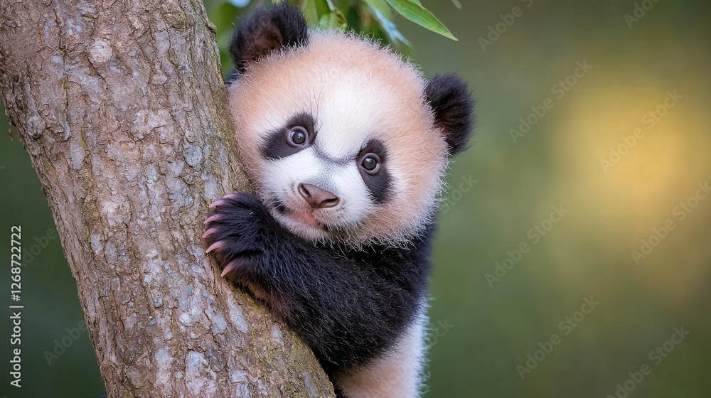Obraz premium Cute Panda Cub Climbing Tree