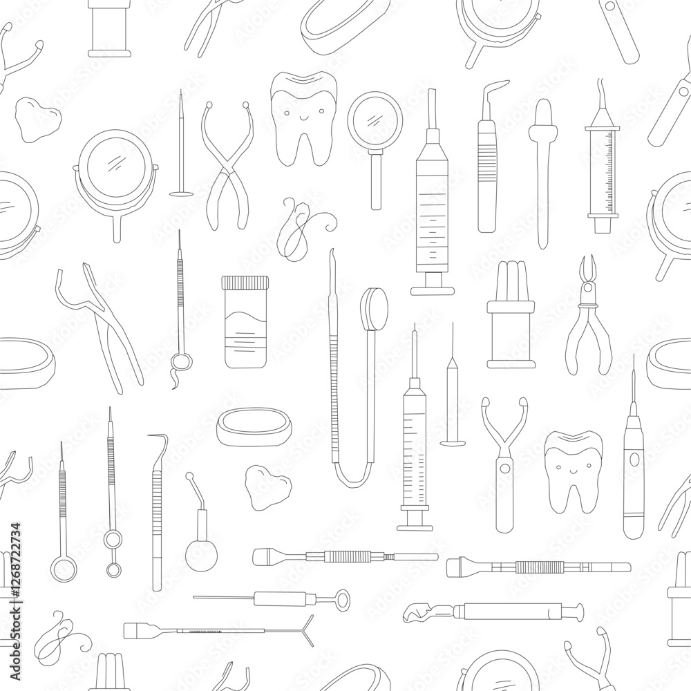 Seamless Pattern with Dental Icons. Vector set of design templates and elements for Dental. Seamless patterns with linear icons related to Dental. Seamless Pattern with Dental Icons. Vector set of design templates and elements for Dental. Seamless patterns with linear icons related to Dental.