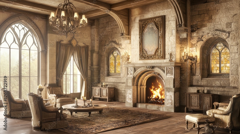 Fototapeta premium Elegant Medieval Parlor Featuring Ornate Wood Elements and Fireplace