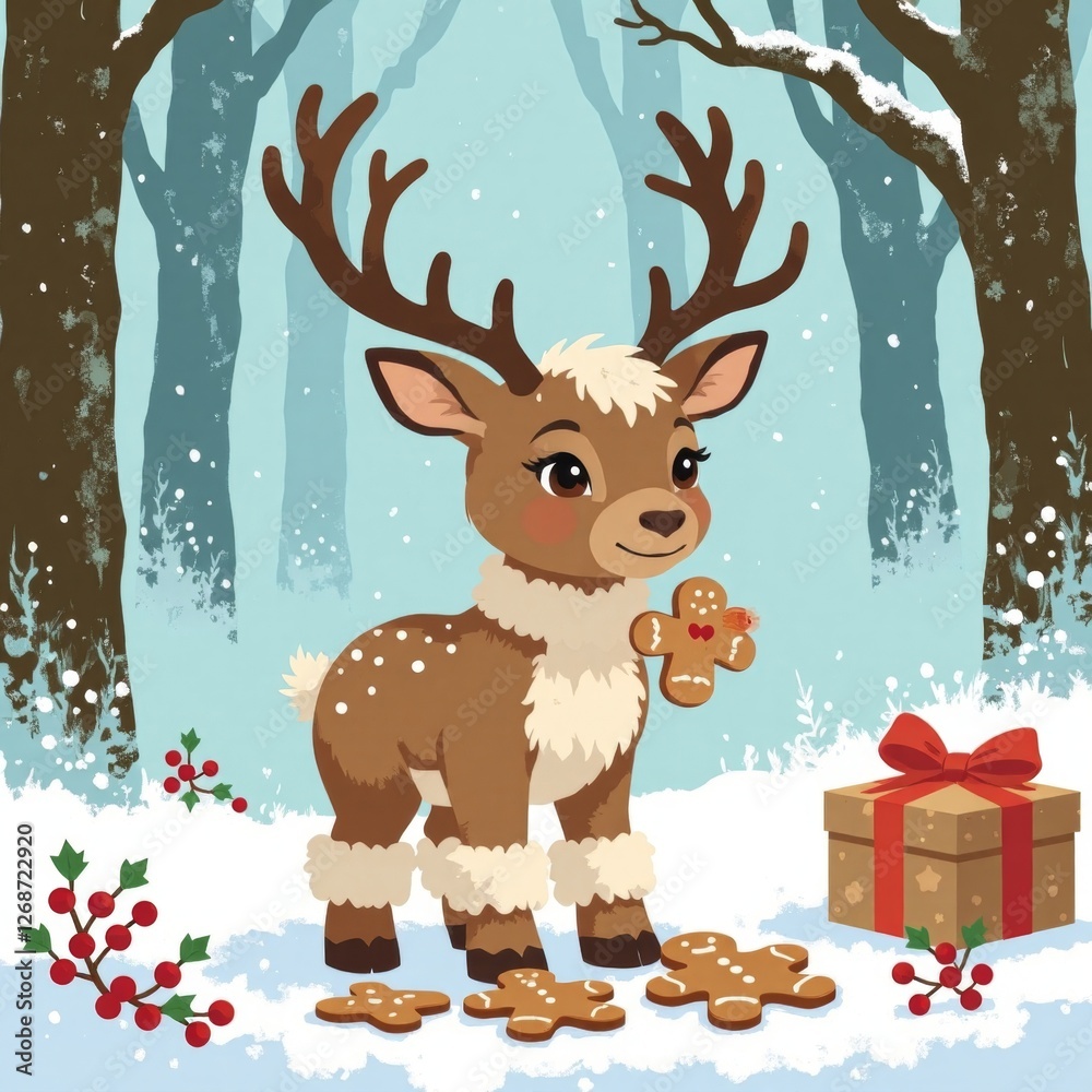 3D Elk Calf in Gingerbread Outfit with Winter Berries for Holiday Decorations, Magical Woodland Background, Copy Space 3D Elk Calf in Gingerbread Outfit with Winter Berries for Holiday Decorations, Magical Woodland Background, Copy Space