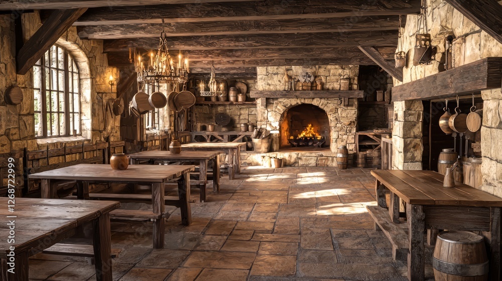 Rustic Medieval Tavern Interior with Wooden Tables and Fireplace Rustic Medieval Tavern Interior with Wooden Tables and Fireplace