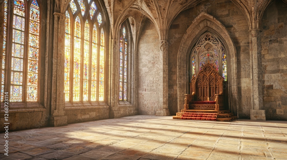 Obraz premium Majestic Medieval Throne Room with Stained Glass Windows