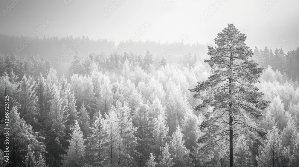 Naklejka premium A forest background image showcasing a black-and-white photograph of an expansive Scandinavian forest, with tall trees covered in frost against the backdrop of a hazy sky