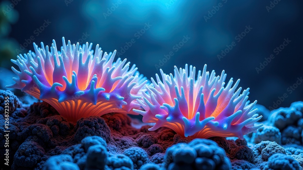 Close-up of glowing underwater coral with bioluminescent anemones in deep sea Close-up of glowing underwater coral with bioluminescent anemones in deep sea