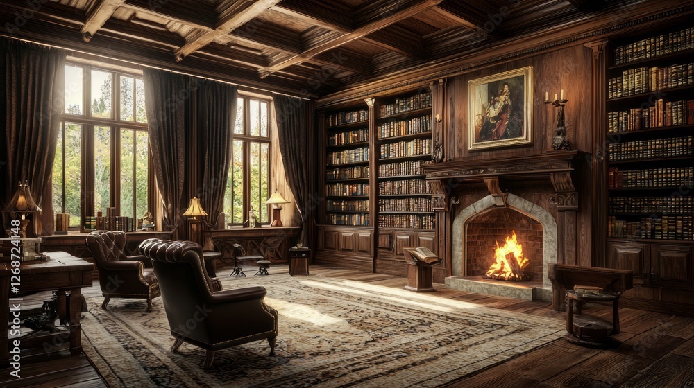 Medieval Study Room with Dark Oak Furniture and Cozy Fireplace Medieval Study Room with Dark Oak Furniture and Cozy Fireplace