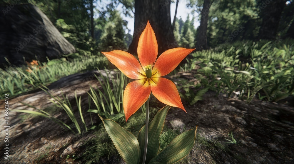 Obraz premium Orange flower in forest clearing, detailed close-up. Possible use nature, spring, botanical, wallpaper