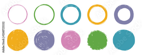 Scribble grunge circle vector frame set. Hand drawn rough colorful scribble round line. Crayon brush stroke scribble frame. hand drawn doodle circle set.