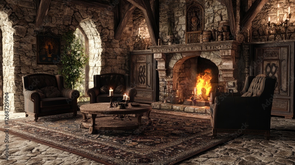 Cozy Medieval Room with Stone Fireplace and Rustic Furniture Cozy Medieval Room with Stone Fireplace and Rustic Furniture