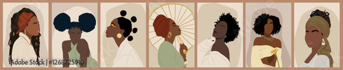 A series of black women abstract boho style posters.  Pretty african ladies with different hairstyles and ethnic accessories. 