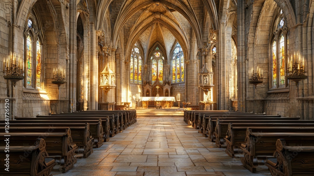 Fototapeta premium Majestic Medieval Chapel Interior with Stone Floors and Stained Glass