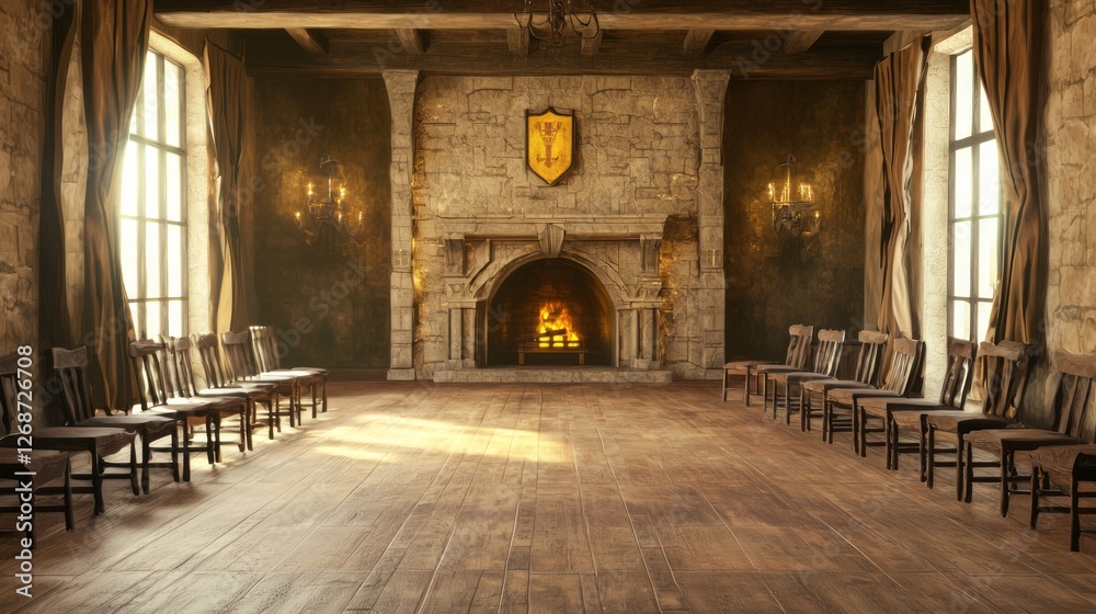 Elegant Medieval Parlor with Heavy Velvet Drapes and Fireplace Elegant Medieval Parlor with Heavy Velvet Drapes and Fireplace
