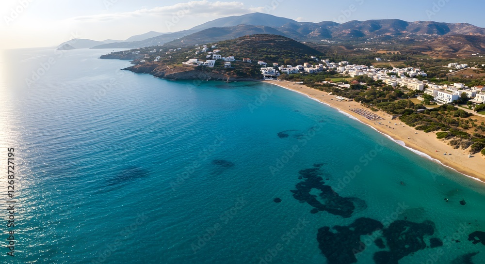 Fototapeta premium Aerial View of Beach and Turquoise Water in Greek Island Summer