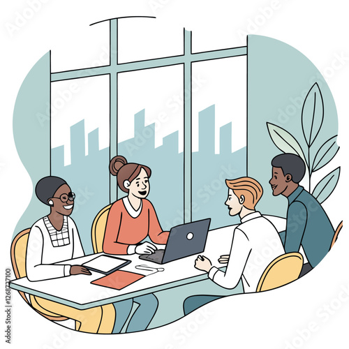 Business meeting scene with diverse professionals in discussion