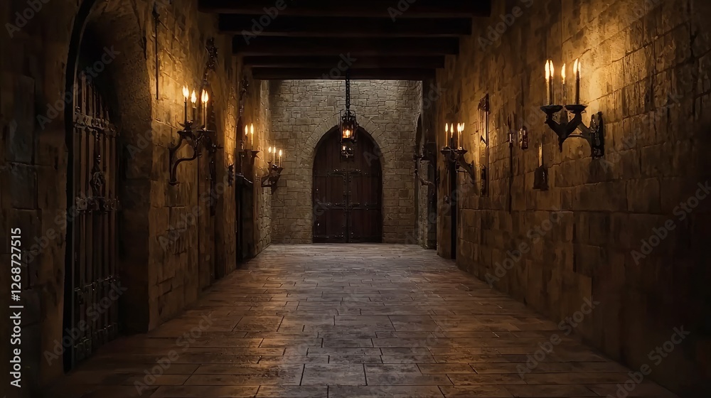 Mystical Medieval Castle Hallway with Stone Walls and Candlelight Mystical Medieval Castle Hallway with Stone Walls and Candlelight