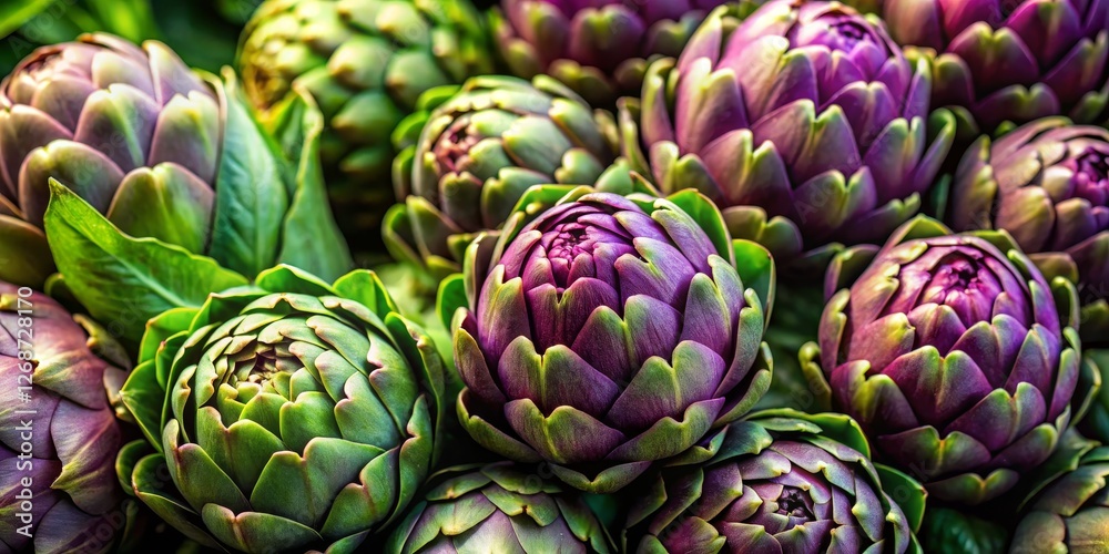 Fototapeta premium Fresh Artichokes Close-Up in Vibrant Purple and Green Colors