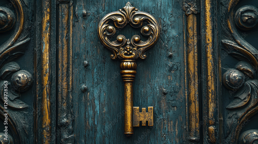 Intricate antique key with aged patina evokes mystery and vintage locksmith charm Intricate antique key with aged patina evokes mystery and vintage locksmith charm