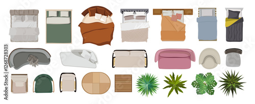A collection of furniture and plants top view colorful drawings. The furniture includes a couch, a chair, a bed, and a table from above. The plants include a palm tree and a potted plant.