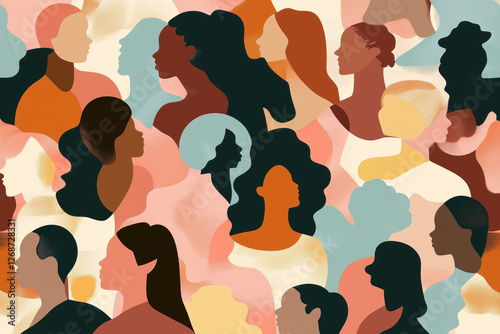 Colorful abstract illustration depicting a diverse collection of women
