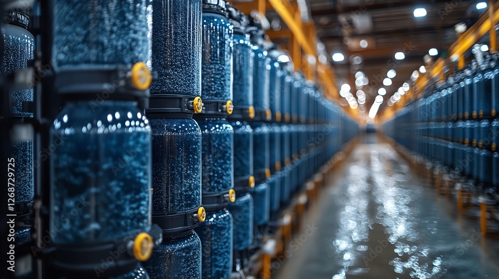 Naklejka premium Modern Industrial Blue Liquid Storage Tanks Rows dark deep line water
