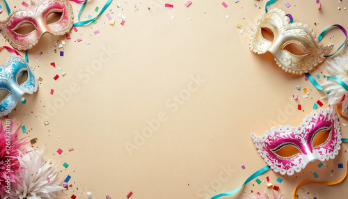 Máscaras de carnaval y confeti sobre fondo beige