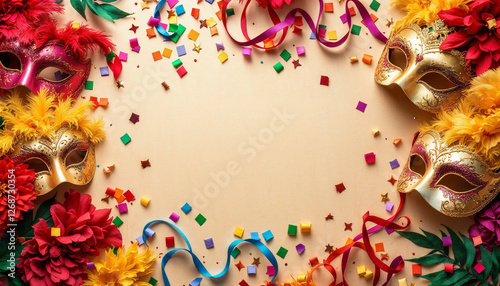 Máscaras de carnaval y confeti sobre fondo beige