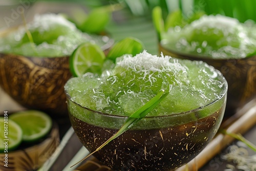 Es cendol or lod chong is a sweet ice dessert made from pandan short vermicelli with coconut milk photo