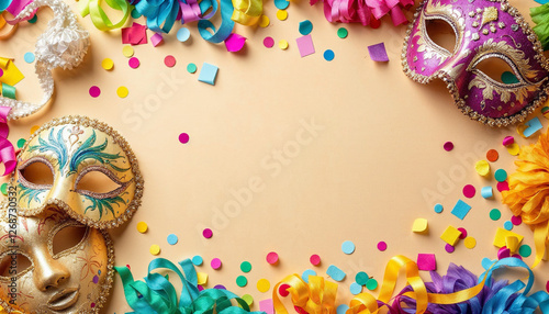 Máscaras de carnaval y confeti sobre fondo beige