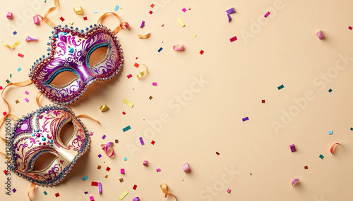Máscaras de carnaval y confeti sobre fondo beige