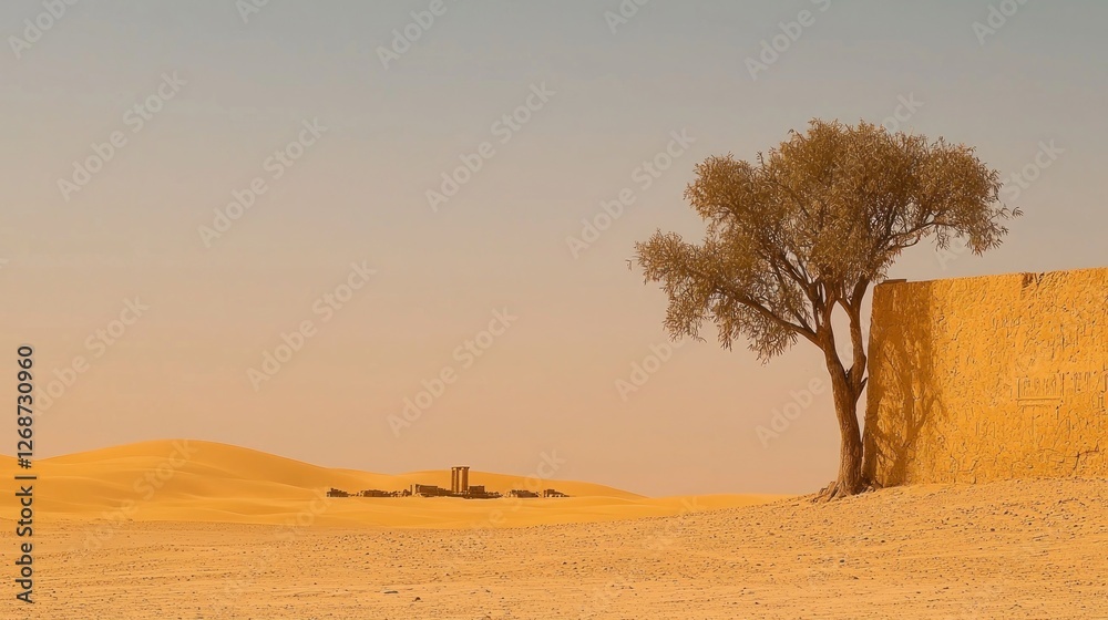 Naklejka premium Desert landscape with ancient ruins and lone tree