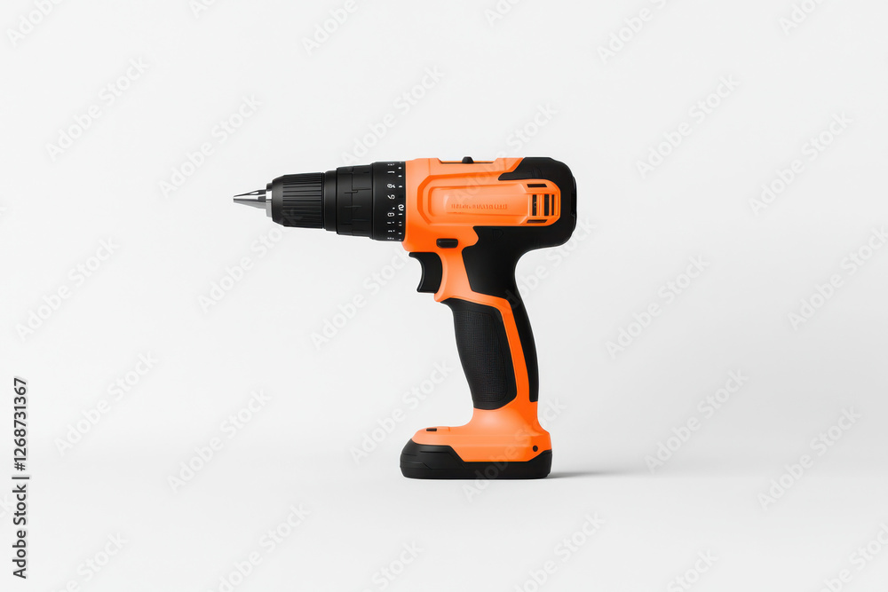 Cordless drill resting on white background, construction tool ready for home improvement projects Cordless drill resting on white background, construction tool ready for home improvement projects