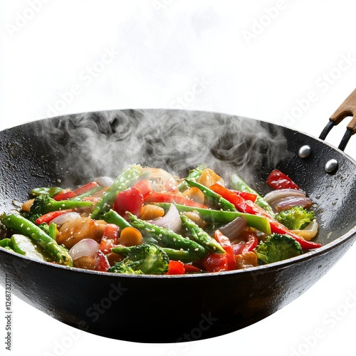 Fresh vegetable stir fry in a steaming wok with colorful peppers, asparagus, broccoli, and onions creating a vibrant dish