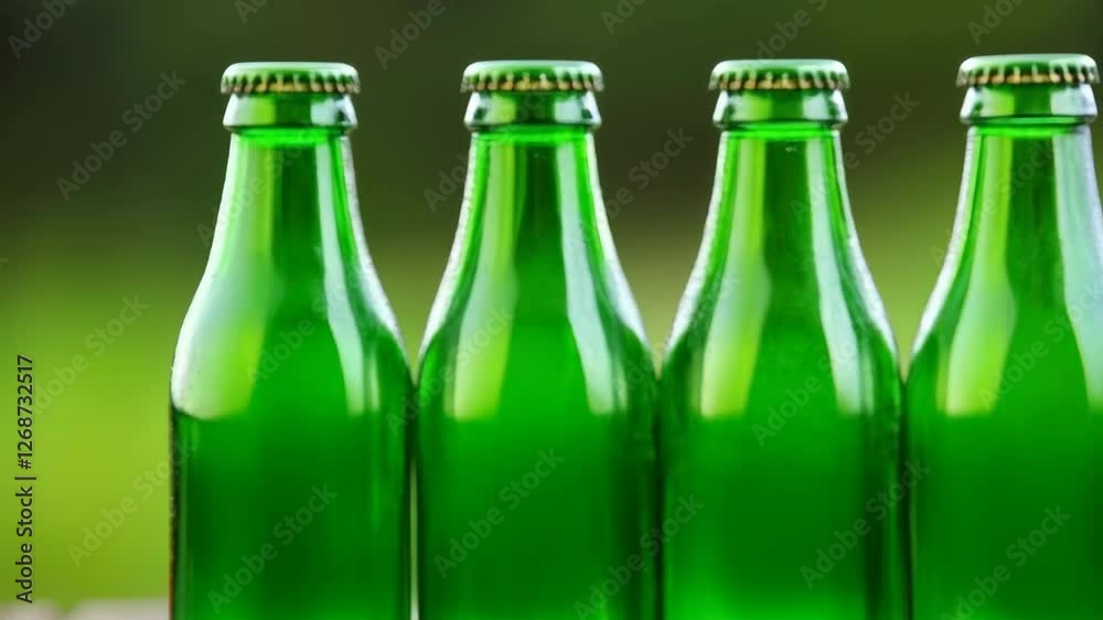 Four glass bottles on a wooden surface, outdoors with blurred green background. Concise and visually appealing Four glass bottles on a wooden surface, outdoors with blurred green background. Concise and visually appealing