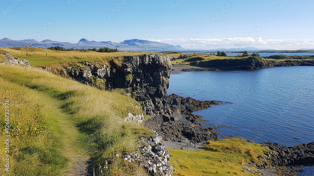 Obraz premium Coastal Cliffs Grassy Path Ocean View Sunny Day