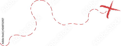 Treasure map element. A dashed line and red X mark ink on the map, the treasure map with a dotted line, X marks the spot, dashed line trail to an X	
