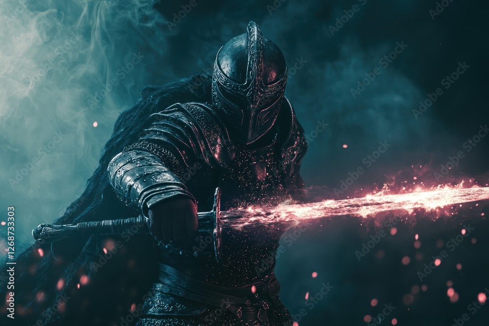 Naklejka premium A fierce warrior wielding a glowing sword and wearing enchanted armor