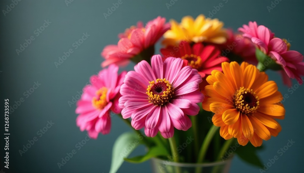 Obraz premium A colorful arrangement of zinnia flowers in a vase, blooms, colorful, flowers