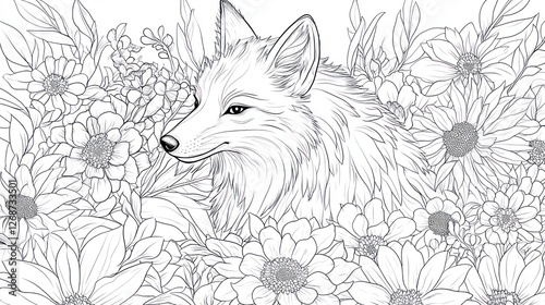 Fox surrounded by flowers, artistic line drawing photo