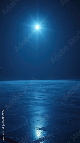 A dark and quiet ice rink with only faint moonlight, frosty, shadows