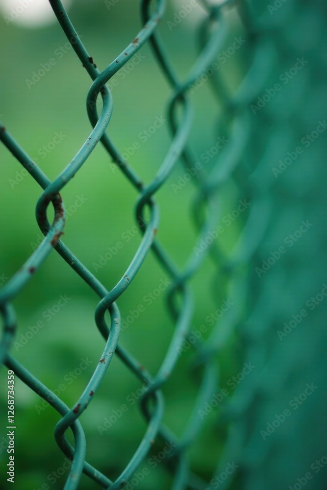 Naklejka premium Close-up view of a weathered green chain link fence against a blurred verdant background