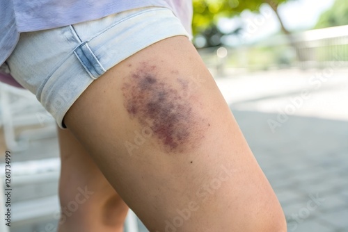 A close-up showing a deep bruise on a person’s thigh, with noticeable purple and blue discoloration.