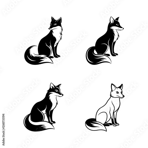 Set Elegant Sitting Fox Silhouette Vector Illustration in Black and White