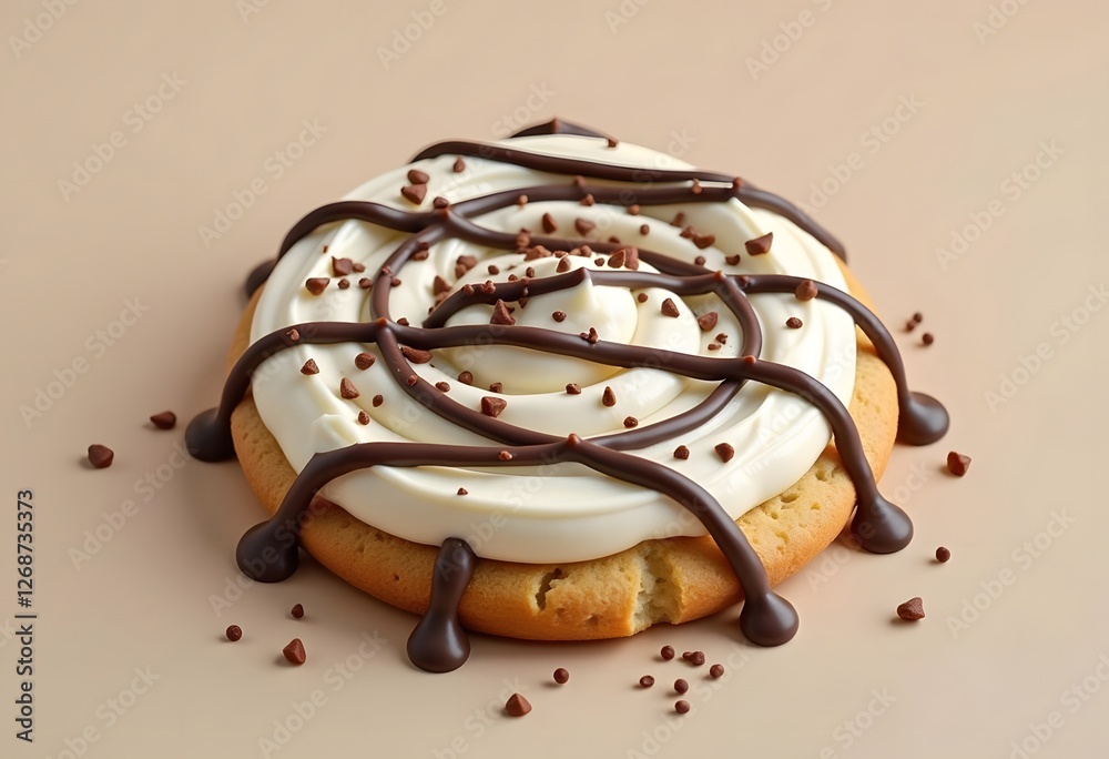 Fototapeta premium Delicious freshly baked cinnamon roll with a white topping garnished with hazelnut cream on a white table and pink background. 