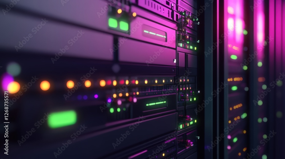 Illuminated server room with glowing lights in a data center environment Illuminated server room with glowing lights in a data center environment