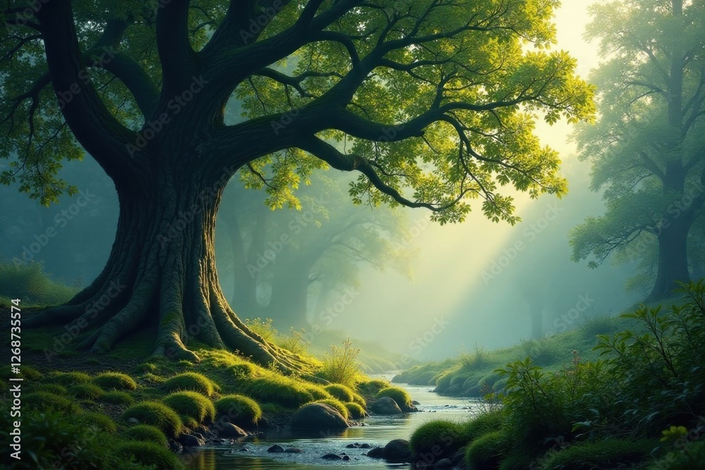 Serene woodland stream flows gently past ancient tree roots, bathed in the soft light of dawn, a tranquil scene of nature's peaceful embrace. Serene woodland stream flows gently past ancient tree roots, bathed in the soft light of dawn, a tranquil scene of nature's peaceful embrace.