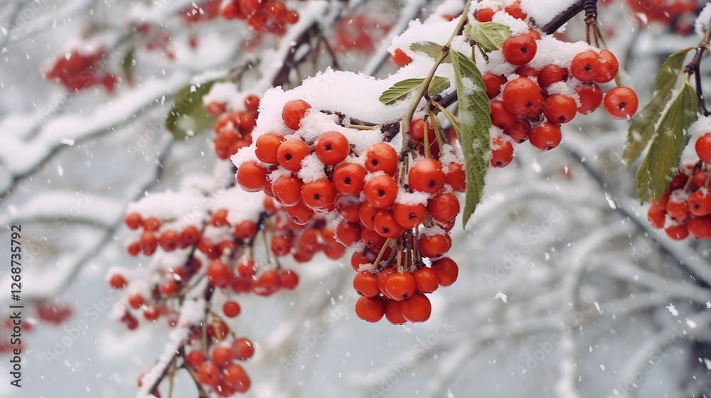 First Snowfall in the City with Rowan Berries on Snow-Covered Branches and Green Background First Snowfall in the City with Rowan Berries on Snow-Covered Branches and Green Background