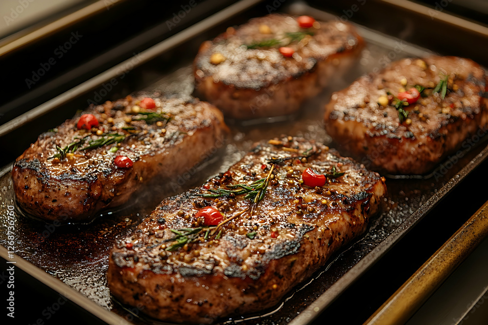 Four Grilled Steaks On Baking Pan Four Grilled Steaks On Baking Pan