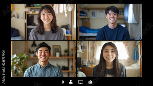 ビデオ会議中のパソコン画面。ビデオ会議で繋がる人々。アジア、日本