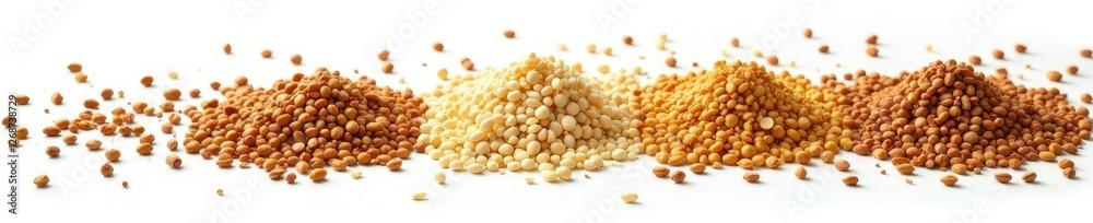 Brown seeds and dry husks scattered on white surface, agriculture, grains, dry husks Brown seeds and dry husks scattered on white surface, agriculture, grains, dry husks